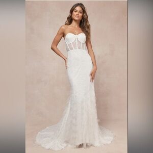 Lulus Ravishing Romance White Embroidered Feather Bustier Maxi Wedding Dress